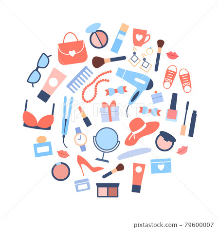 Flat women accessories elements set. Color circle concept. Glamour beautiful makeup object. Casual clothing lipstick cosmetics earrings glasses icons. Shopping sale design. Fashion illustration 79600007