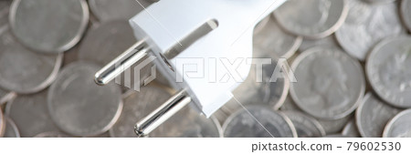 Electric plug lying on pile of coins closeup 79602530