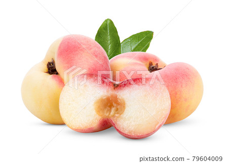 Ripe chinese flat peach fruit isolated on white Ripe chinese flat peach fruit isolated on white 79604009