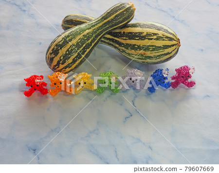 Summer vegetable zucchini and rainbow-colored handmade beaded teddy bear 79607669