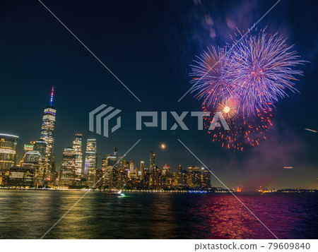 Fireworks celebration of July 4th with the famous Manhattan skyline 79609840