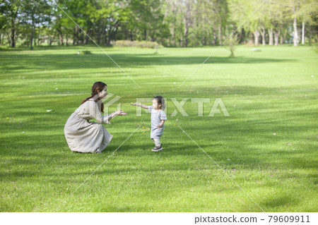 Parents and children playing in the grassy park 79609911