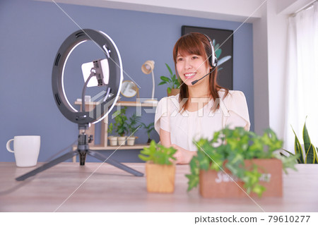 Woman making a video call with LED ring light Woman making a video call with LED ring light 79610277