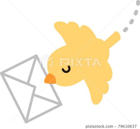 A small yellow bird flying with a letter in its mouth 79610637
