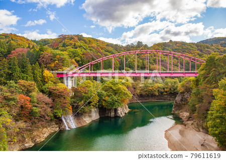 Aizu Railway going from the train window in Japan to Aizu Road in autumn Aizu Railway going from the train window in Japan to Aizu Road in autumn 79611619