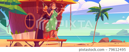 Woman with cocktails in tiki hut on hawaii beach 79612495