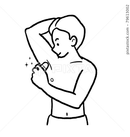 Illustration of a man using a roll-on type antiperspirant Line drawing 79613002