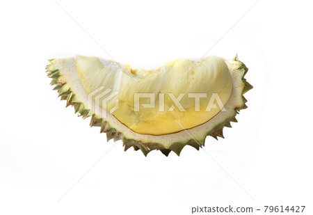 Fresh ripe durian peels with shell and thorn. King of Thai fruits. Tropical and seasonal famous fruits isolated on white background. 79614427