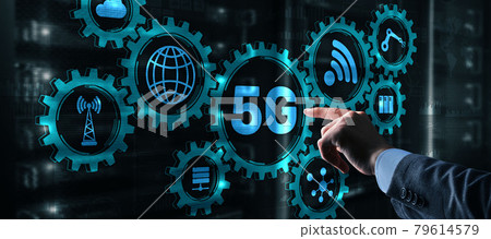 Businessman is pressing on the virtual screen 5G. Fast communication concept Businessman is pressing on the virtual screen 5G. Fast communication concept 79614579