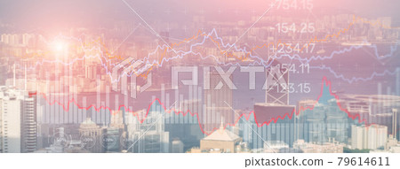 Double exposure Financial graphs and diagrams. Business, economics and investment concept on modern city background 79614611