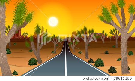 Long road through the desert landscape scene at sunset time Long road through the desert landscape scene at sunset time 79615199
