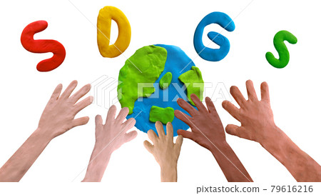 Cute multinational people's hands and earth in clay art SDGs image 79616216
