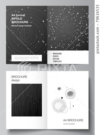 Vector layout of two A4 format cover mockups design templates for bifold brochure, flyer, magazine, cover design, book design, brochure cover. Tech science future background, space astronomy concept. Vector layout of two A4 format cover mockups design templates for bifold brochure, flyer, magazine, cover design, book design, brochure cover. Tech science future background, space astronomy concept. 79616535