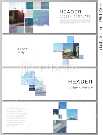 Vector layout of headers, banner templates for website footer design, horizontal flyer design, website header backgrounds. Abstract design project in geometric style with blue squares. Vector layout of headers, banner templates for website footer design, horizontal flyer design, website header backgrounds. Abstract design project in geometric style with blue squares. 79616560