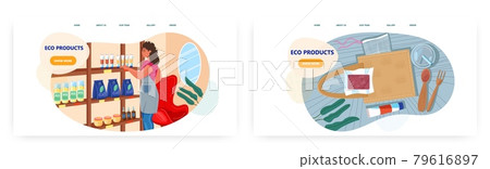 Eco friendly products shop, landing page design, website banner vector templates. Natural cosmetic, food, bag, cutlery. Eco friendly products shop, landing page design, website banner vector templates. Natural cosmetic, food, bag, cutlery. 79616897
