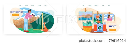 Nature photographer landing page design, website banner vector templates. Tourist taking photo of red fox near the tent. Nature photographer landing page design, website banner vector templates. Tourist taking photo of red fox near the tent. 79616914
