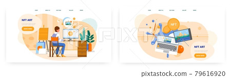 NFT art landing page design, website banner vector template set. NFT artist creating crypto art. Non-fungible token. NFT art landing page design, website banner vector template set. NFT artist creating crypto art. Non-fungible token. 79616920