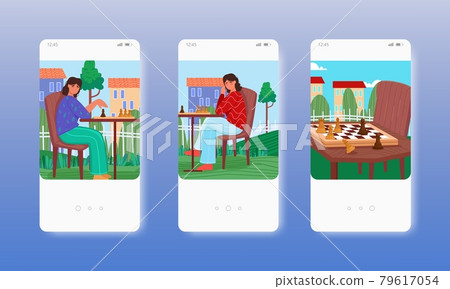 Women playing chess strategy board game. Mobile app screens, vector website banner template. UI, web site design. Women playing chess strategy board game. Mobile app screens, vector website banner template. UI, web site design. 79617054