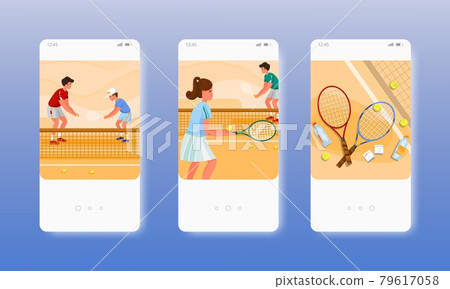 Coach teaching kids to play tennis on the court. Mobile app screens, vector website banner template. UI, web site design Coach teaching kids to play tennis on the court. Mobile app screens, vector website banner template. UI, web site design 79617058