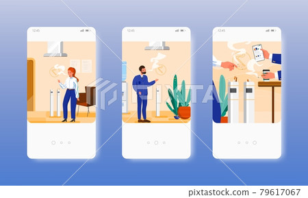 Office smoking room, indoor area for employees. Mobile app screens, vector website banner template. UI, web site design. Office smoking room, indoor area for employees. Mobile app screens, vector website banner template. UI, web site design. 79617067