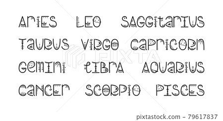 The set of names of astrological signs of the zodiac. Magical lettering 79617837