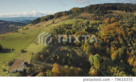 Mountain village at top aerial. Autumn nobody nature landscape. Green trees, grass at cottages Mountain village at top aerial. Autumn nobody nature landscape. Green trees, grass at cottages 79618355