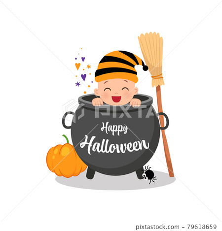 Cute baby peeking from inside a cauldron. Happy Halloween. Flat vector cartoon design 79618659