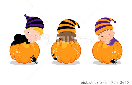 Cute baby sleeping on the pumpkin. Halloween clip art. Flat vector cartoon design Cute baby sleeping on the pumpkin. Halloween clip art. Flat vector cartoon design 79618660