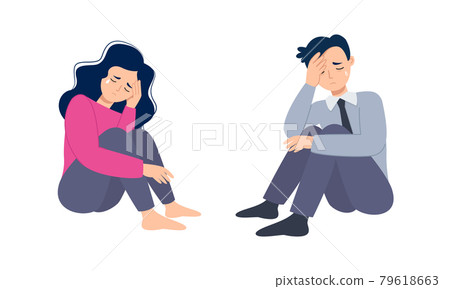 Man and woman feel stress and sitting on the floor. Depression and mental health concept. Flat vector design Man and woman feel stress and sitting on the floor. Depression and mental health concept. Flat vector design 79618663
