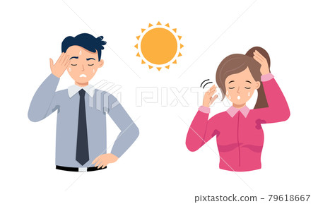 Man and woman feels hot and wiping their sweat. Flat vector cartoon design Man and woman feels hot and wiping their sweat. Flat vector cartoon design 79618667