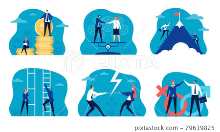 Business gender equality. Man and woman climbing career ladder. Workplace gender discrimination and inequality, salary gap concept vector set Business gender equality. Man and woman climbing career ladder. Workplace gender discrimination and inequality, salary gap concept vector set 79619825
