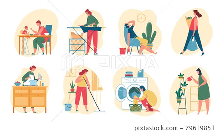 Housewife doing housework. Women cooking meal, washing clothes, watering plants, shopping, cleaning house. Housekeeping activities vector set 79619851