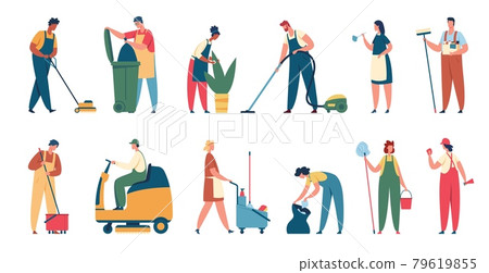 Cleaning service workers. Professional cleaner clean office or house with equipment. Housekeeping services, domestic cleaners, janitors vector set 79619855