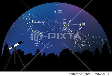 Constellation quadrilateral and summer triangle that color the autumn night sky seen from the forest 79620193