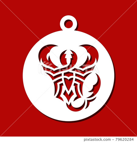 Round pendant with an abstract scorpion. Hanging jewelry or Christmas ball. Template for plotter laser cutting of paper, metal engraving, wood carving, plywood, cnc. Vector illustration. Round pendant with an abstract scorpion. Hanging jewelry or Christmas ball. Template for plotter laser cutting of paper, metal engraving, wood carving, plywood, cnc. Vector illustration. 79620284