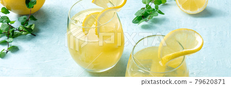 Lemonade panorama. Homemade fresh citrus drink with lemon and mint 79620871