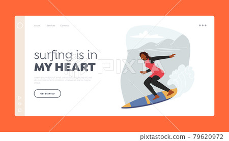 Surfing Landing Page Template. Surf Girl Character Riding Ocean Wave on Board, Sports Recreation, Sea Leisure Hobby 79620972