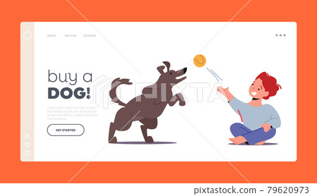 Boy Playing with Dog Landing Page Template. Baby Play with Pet Throw Ball. Kid Spend Time with Fluffy Friend 79620973