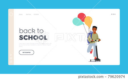 Back to School Landing Page Template. Little Schoolboy with Backpack and Balloons Riding Scooter. Cheerful Student 79620974