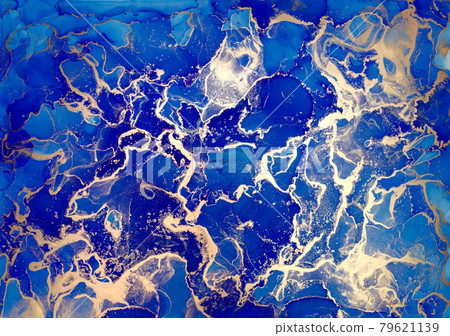 Blue and golden alcohol ink splash, liquid flow texture paint, luxury abstract digital paper fine art pattern, wallpaper. 79621139