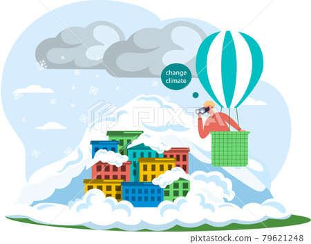 Man flies in hot air balloon looks through binoculars at white clouds from above, climate change Man flies in hot air balloon looks through binoculars at white clouds from above, climate change 79621248