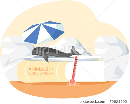 Melting glaciers. Whale lies on ice under beach umbrella in Antarctic on book about global warming Melting glaciers. Whale lies on ice under beach umbrella in Antarctic on book about global warming 79621390