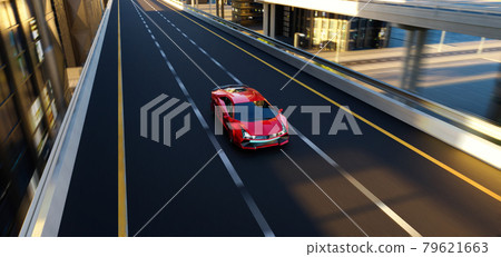 Unbrand red sport car driving fast on the high speed overpass road 79621663