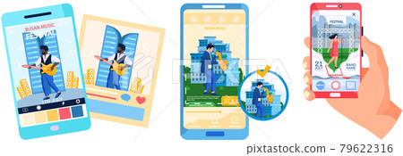 Open air concert in outdoor summer music festival in South Korean city Busan announcement banner set 79622316