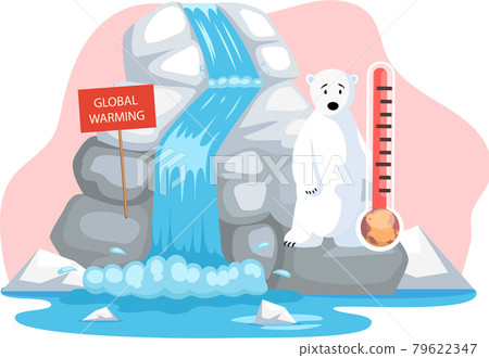 Polar bear sitting on melting ice in sea with temperature rise thermometer. Global warming concept 79622347