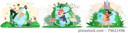 Musicians on background of planet. Set of illustrations about people singing songs about ecosystem Musicians on background of planet. Set of illustrations about people singing songs about ecosystem 79622496