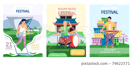 Open air concert in outdoor summer music festival in South Korean city Busan promotional banners set 79622571