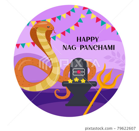 Happy Nag Panchami greeting card with king cobra. Snake Festival in India. Vector illustration. 79622607