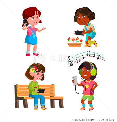 Girls Kids Using Smartphone Gadget Set Vector Girls Kids Using Smartphone Gadget Set Vector 79623125