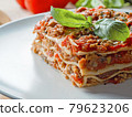 Extra close up view to piece of lasagna. Dish 79623206